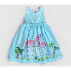Girls 6Y Dress Fit & Flare Summer Blue Pink Cotton Flamingo Appliqué Birthday